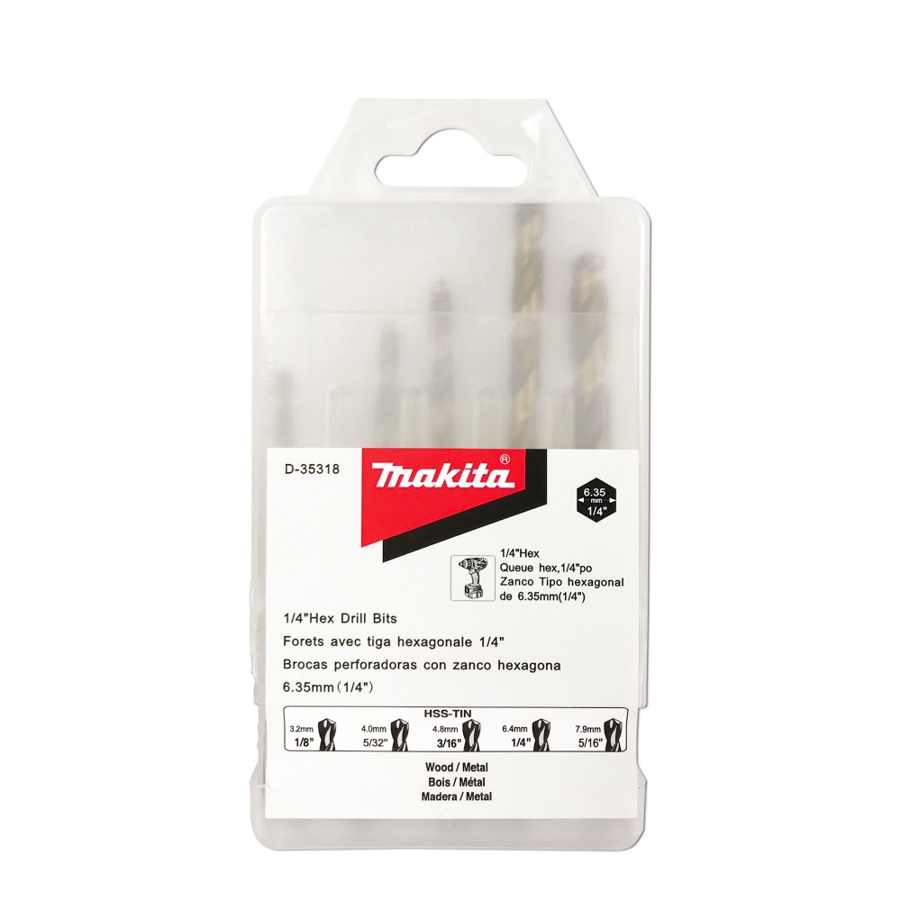 D-35318 ชุดดอกสว่านเจาะเหล็ก HSS-TiN (สีทอง) ก้านหกเหลี่ยม 1/4" NZ ขนาด 1/8"-5/16" (5ดอก/ชุด) บรรจุในกล่องพลาสติก
